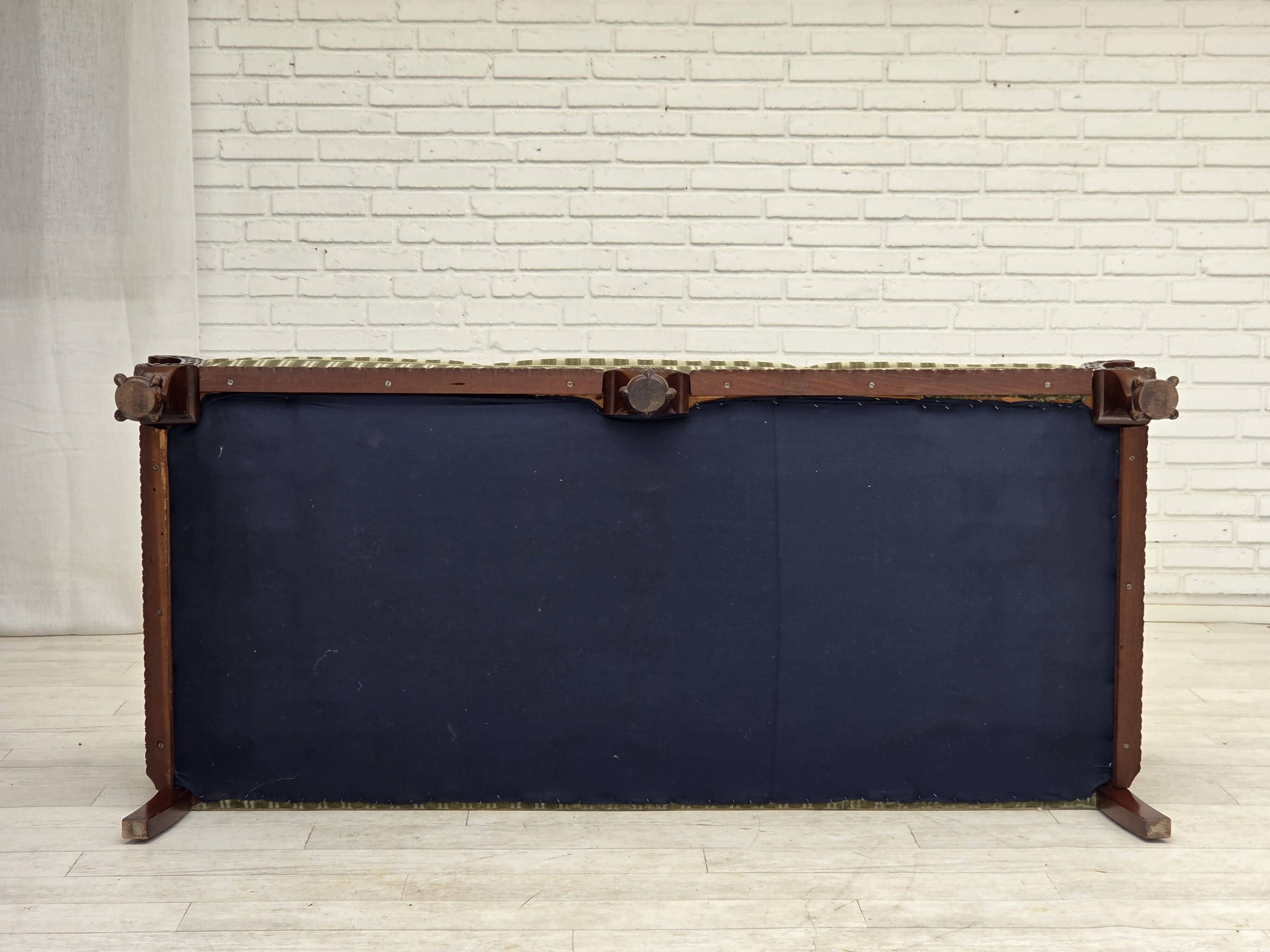 1950s, 3-seater Danish sofa, green furniture velour, teak wood.