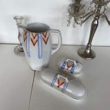 Porcelain pitcher stamped AMC part of a 3-piece toiletries