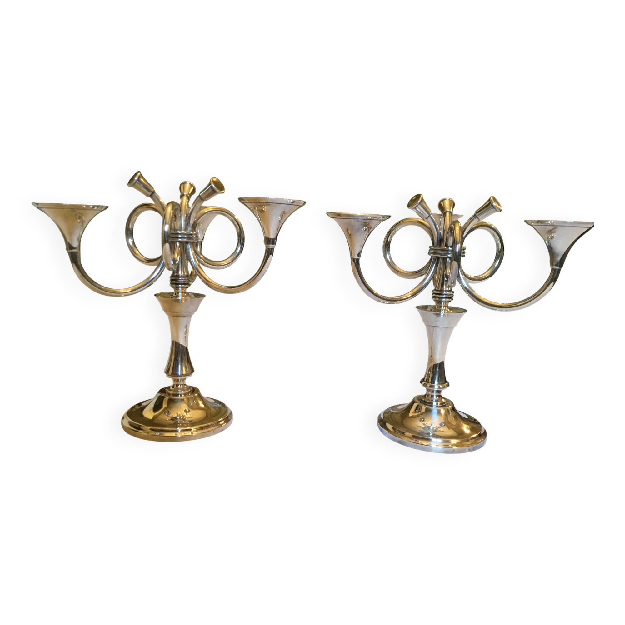Ercuis House. Pair of three-light candelabra in silver-plated metal