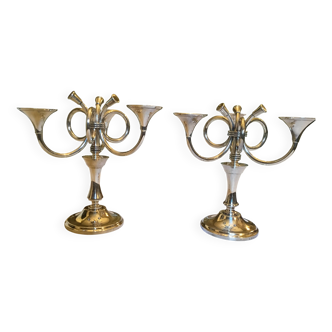 Ercuis House. Pair of three-light candelabra in silver-plated metal