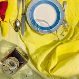 Belgian Linen Tablecloth Embroidered, Yellow Tyedie