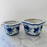 Duo of decorative plant pots with blue irises.