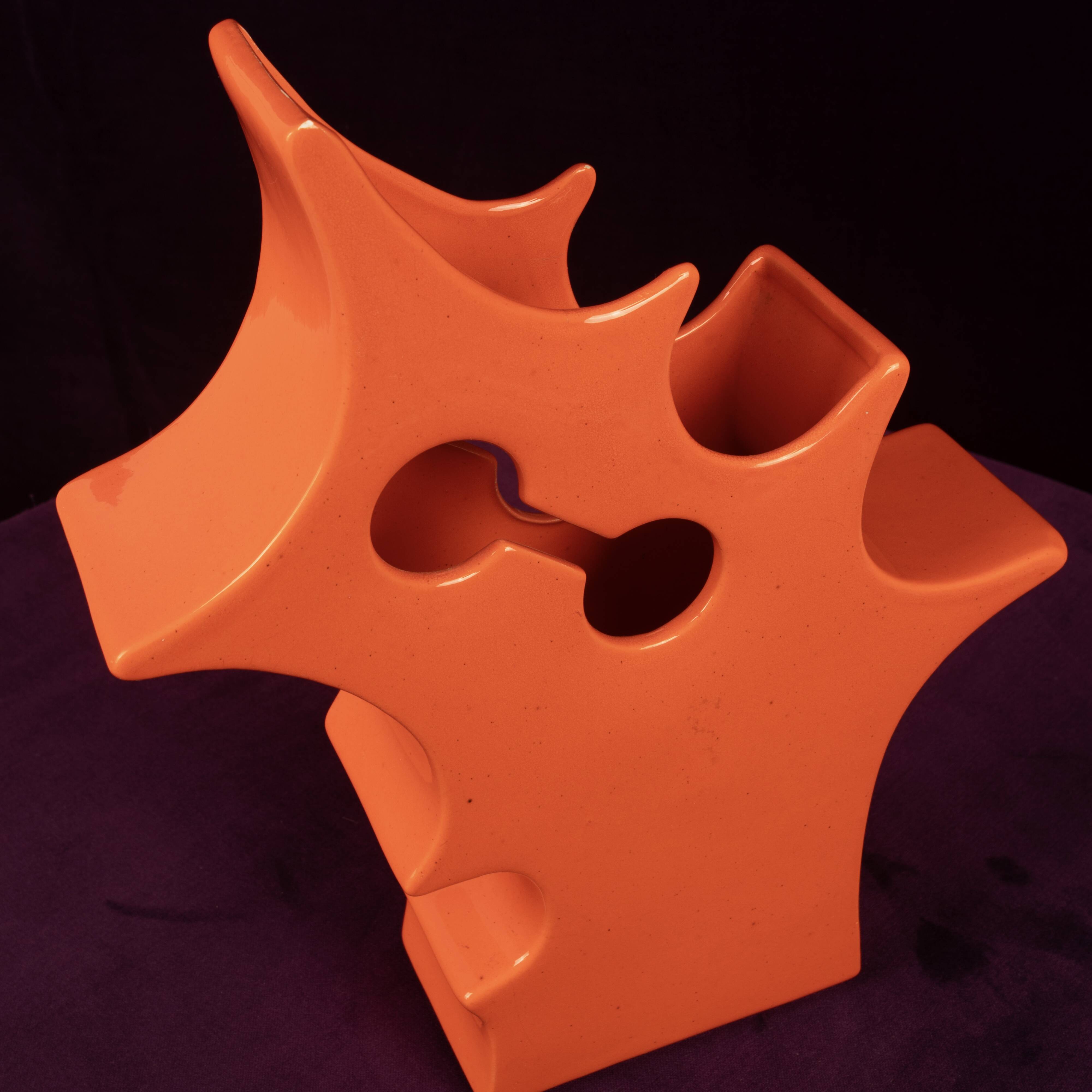 Abstract Orange Ceramic Sculptural Vase, Postmodern / Space Age, Italy, 1980