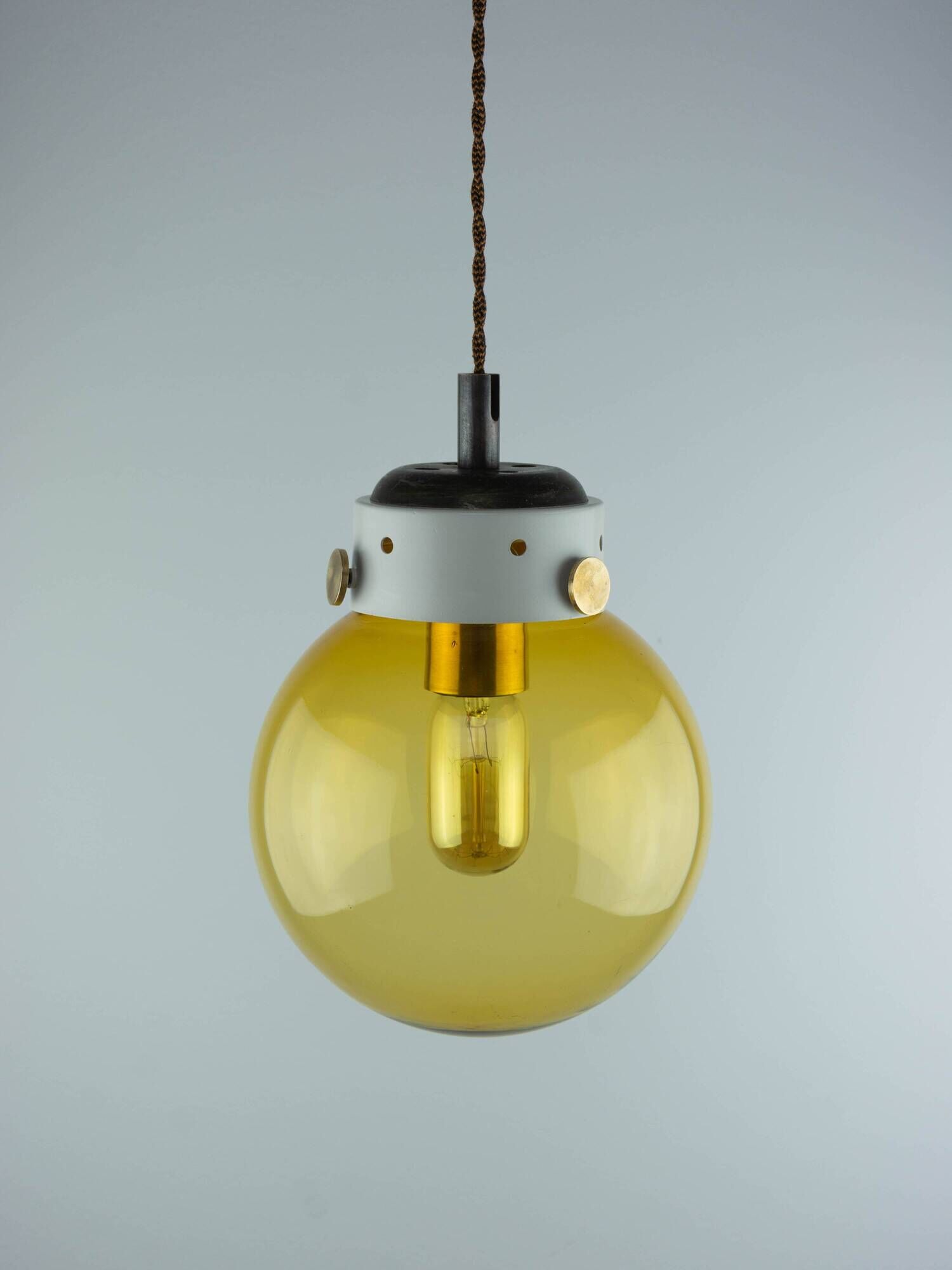 Industrial Vintage Mid-Century Modern Amber Glass And Brass Metal Lamp