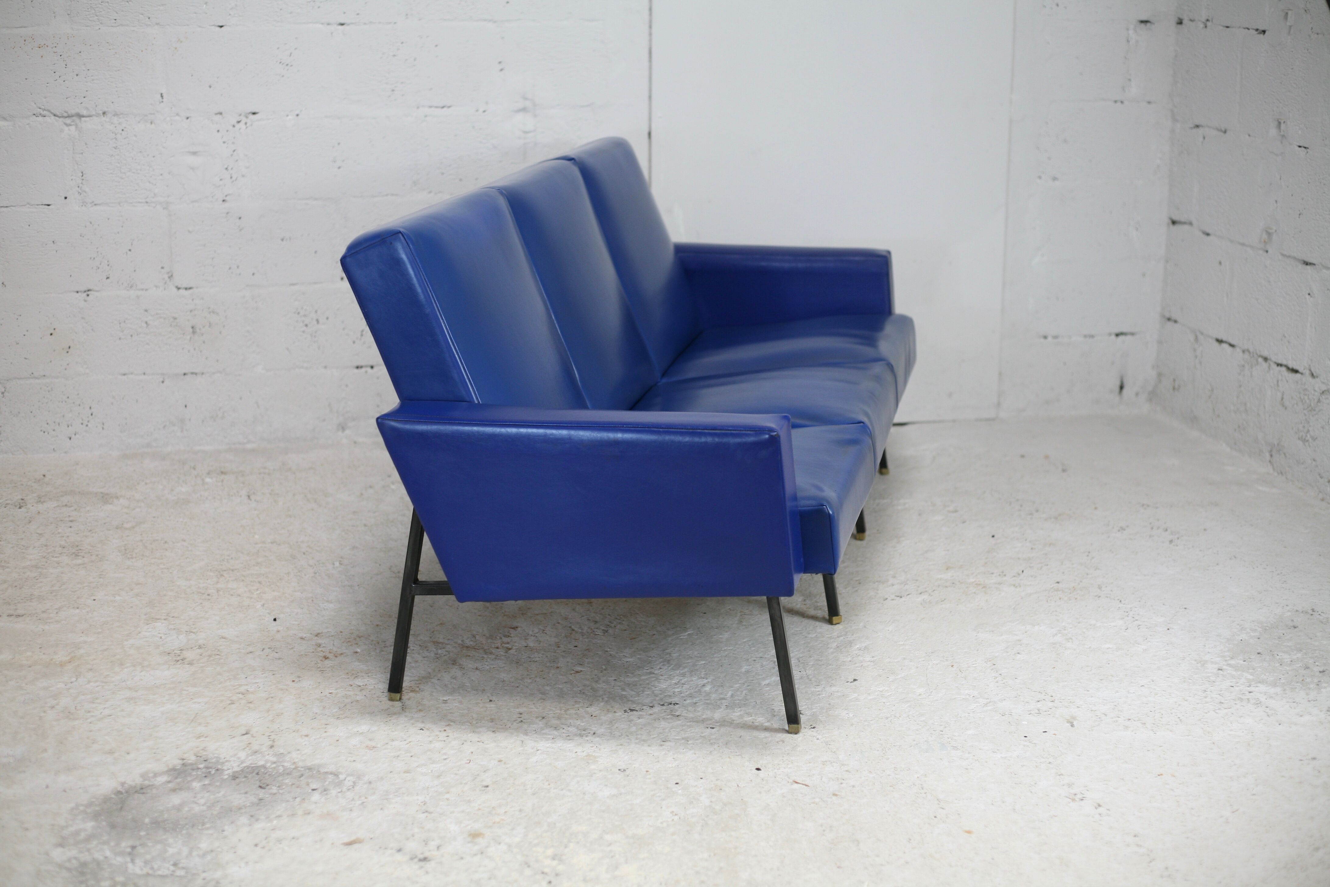 Sofa imitation leather blue and steel, 3 seats, France, circa 1960