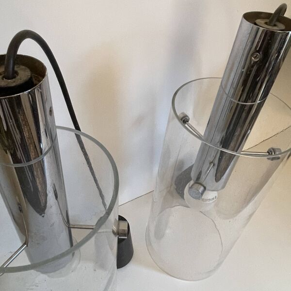 Paire de lampes suspensions cylindriques, verre et acier, glashütte limburg