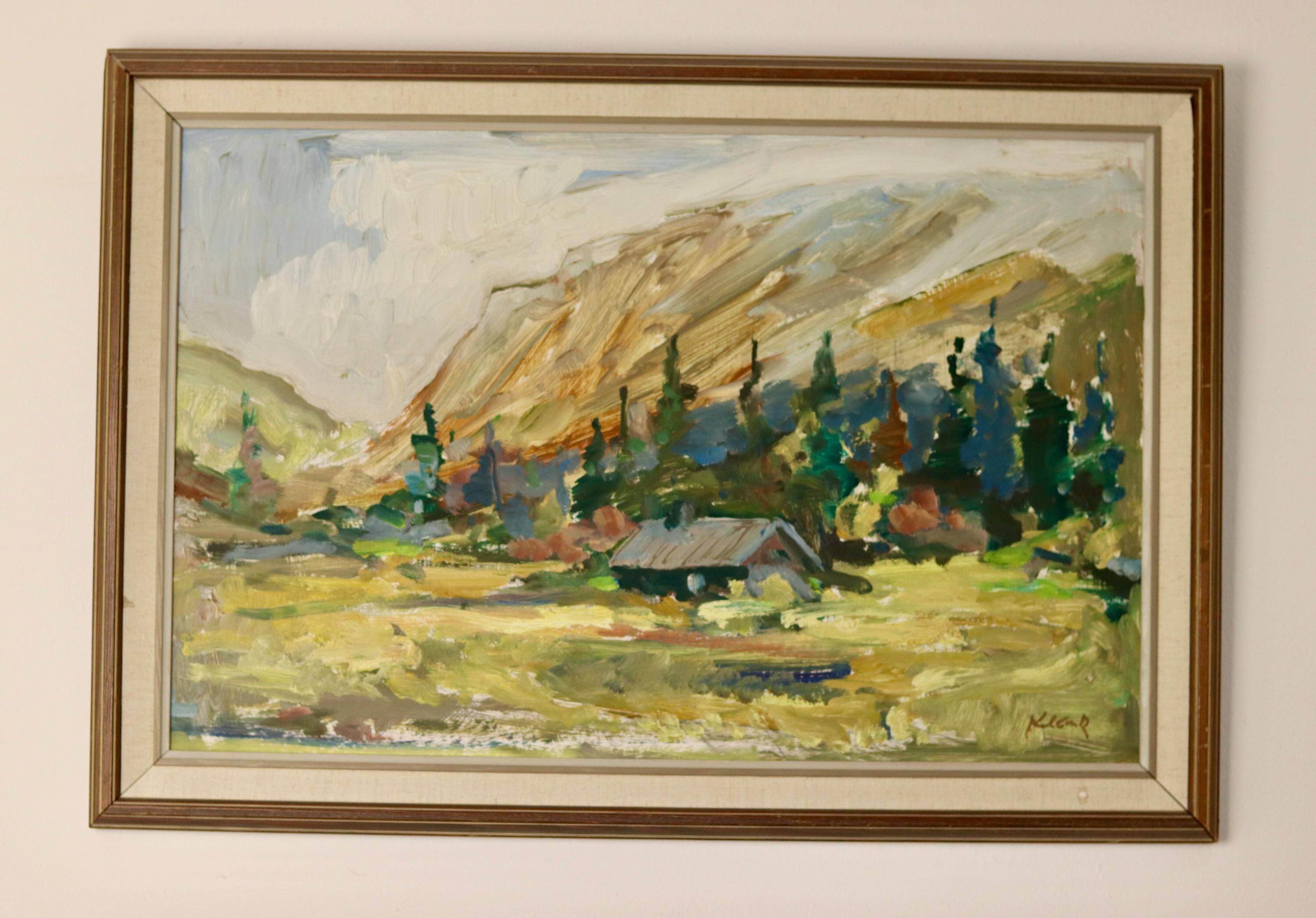 Oil painting on vintage panel "Mountain Cabin with Forest and Hills" - Vintage and framed