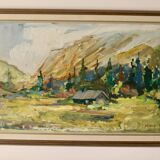 Oil painting on vintage panel "Mountain Cabin with Forest and Hills" - Vintage and framed