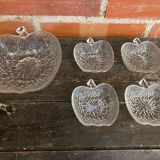 Salad bowl + 4 vintage moulded glass bowls in apple shape #D457