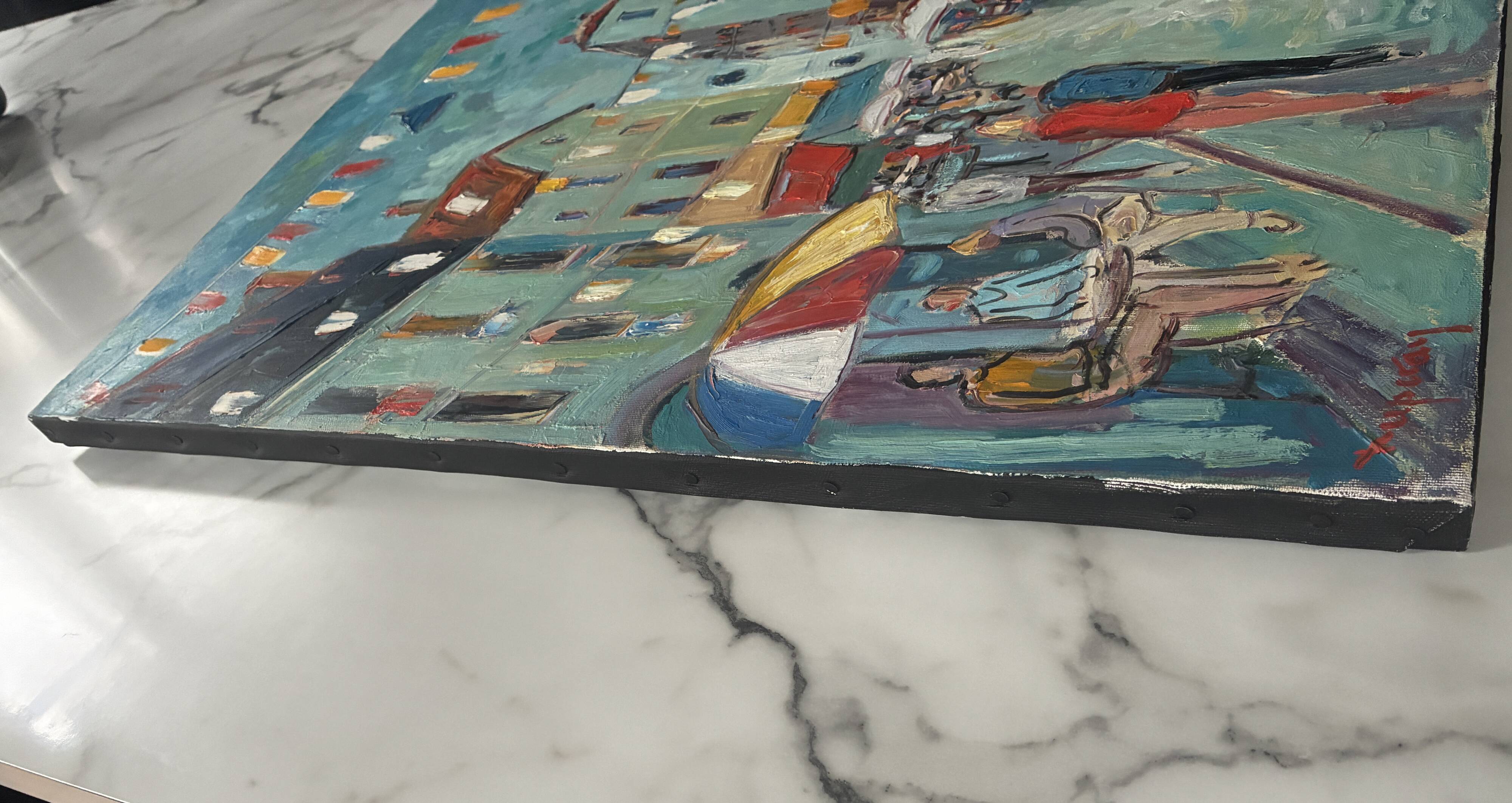 Large Oil on Canvas Alain Duperay Café Terraces 14 July