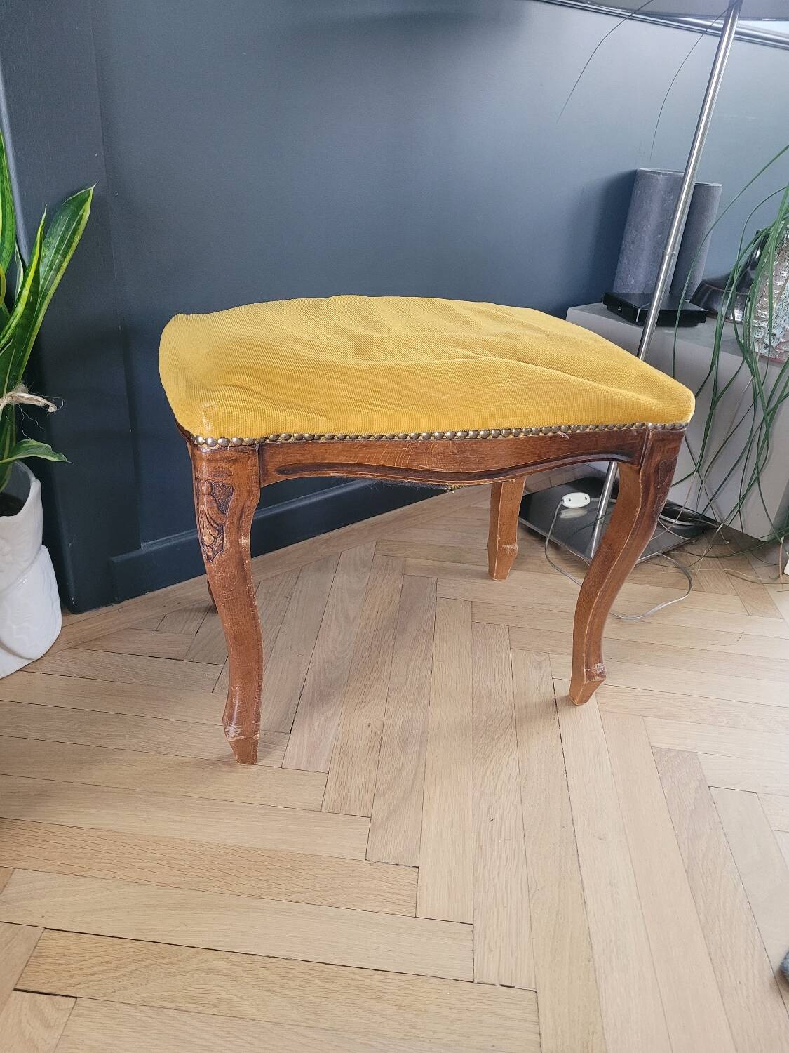 Antique wooden and velvet ottoman stool
