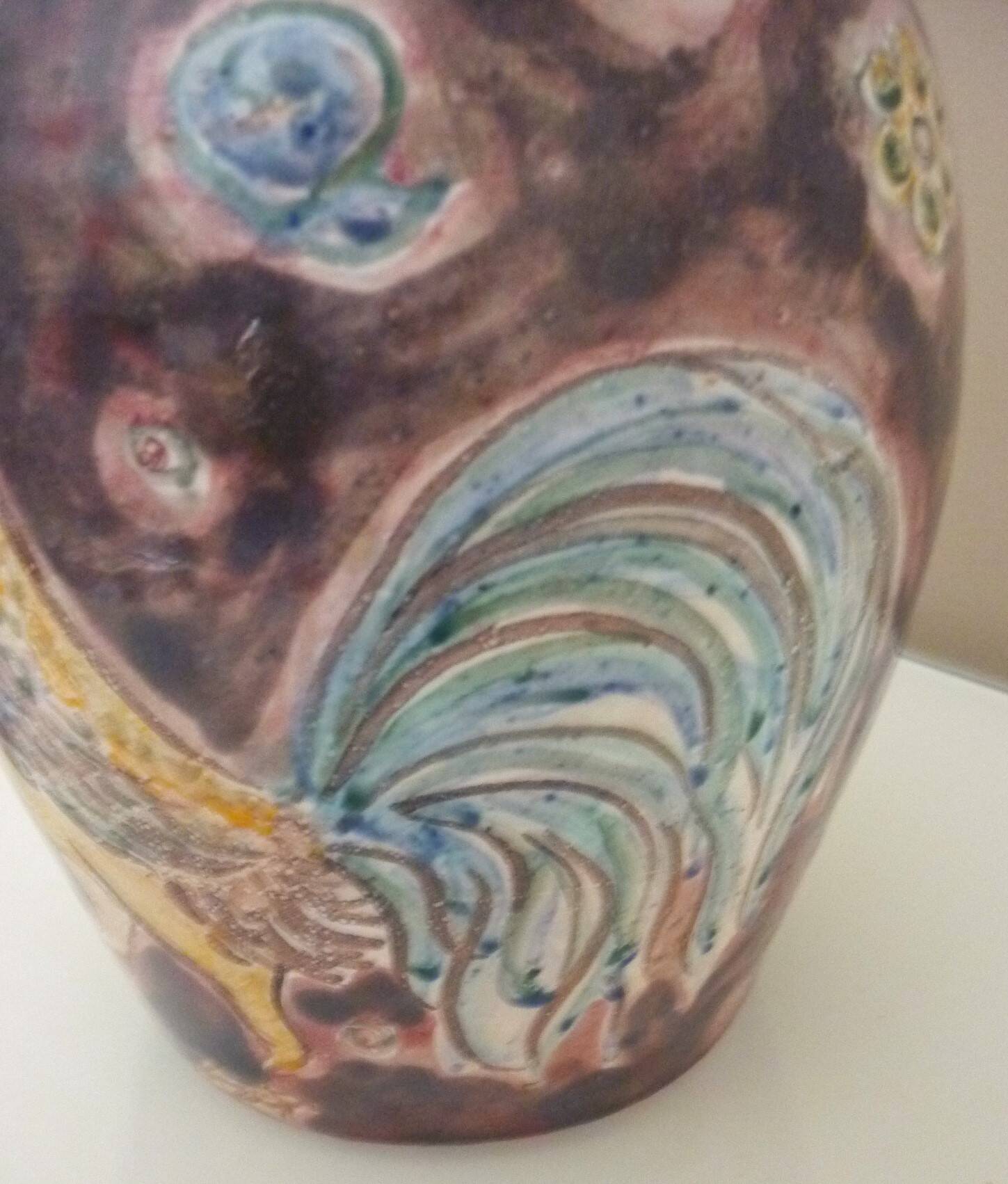 Rooster pitcher vase, glazed ceramic signed Jeanne Azambourg, Le Clos De Joye, 1960s