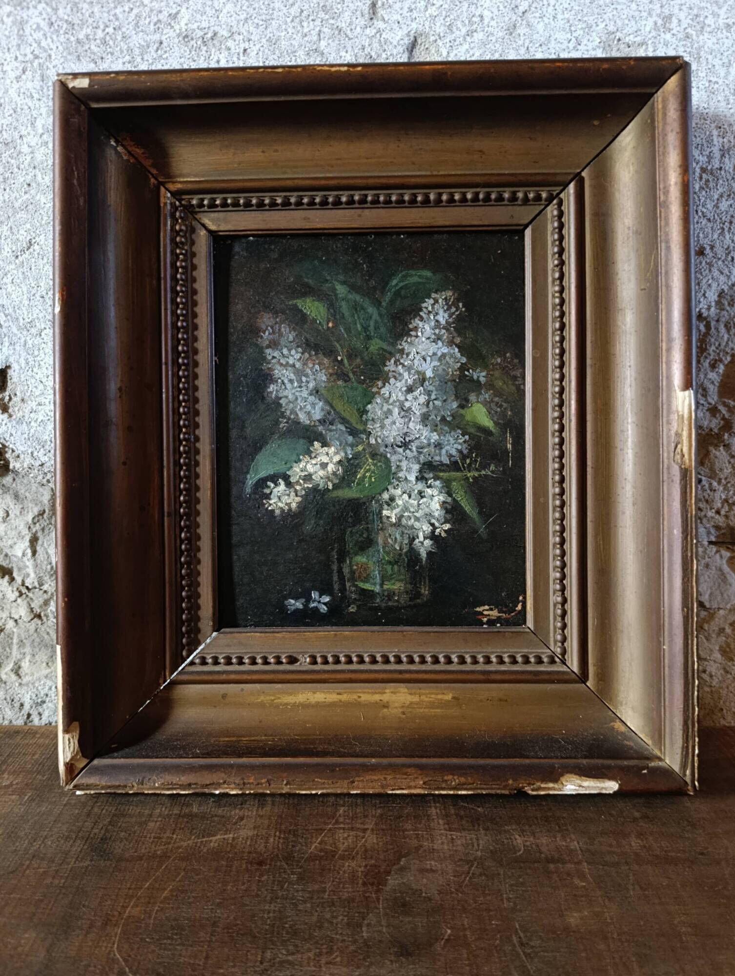 Vintage French oil painting on board, bouquet of lilacs