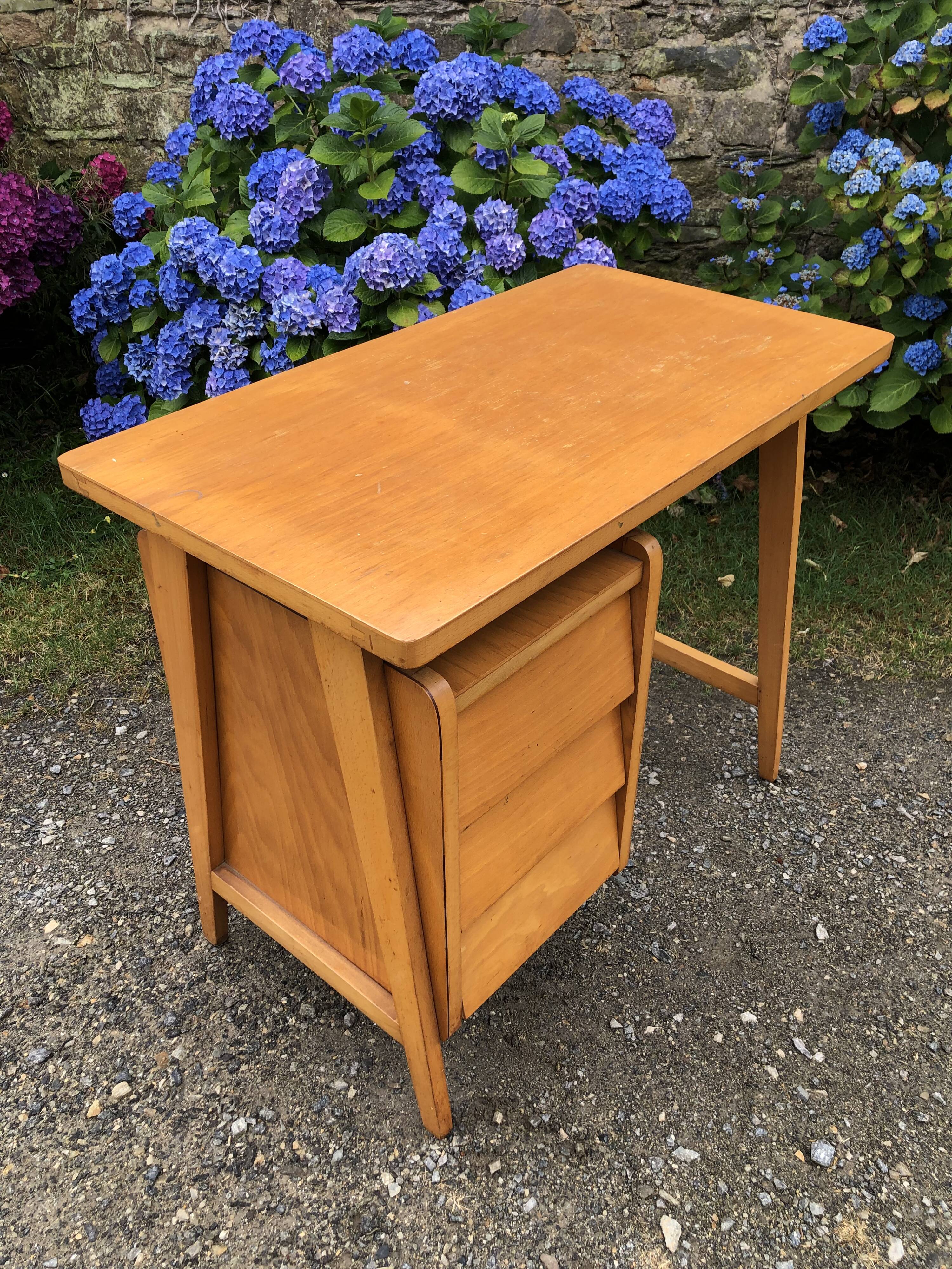 Vintage desk with beech compass legs with 3 drawers.