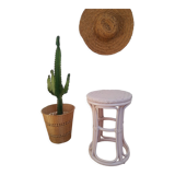 Vintage powder pink rattan stool