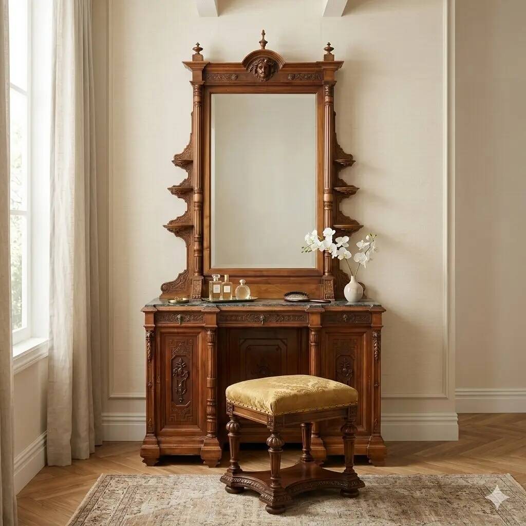 Antique walnut and marble dressing table, 3 drawers, 19th century.