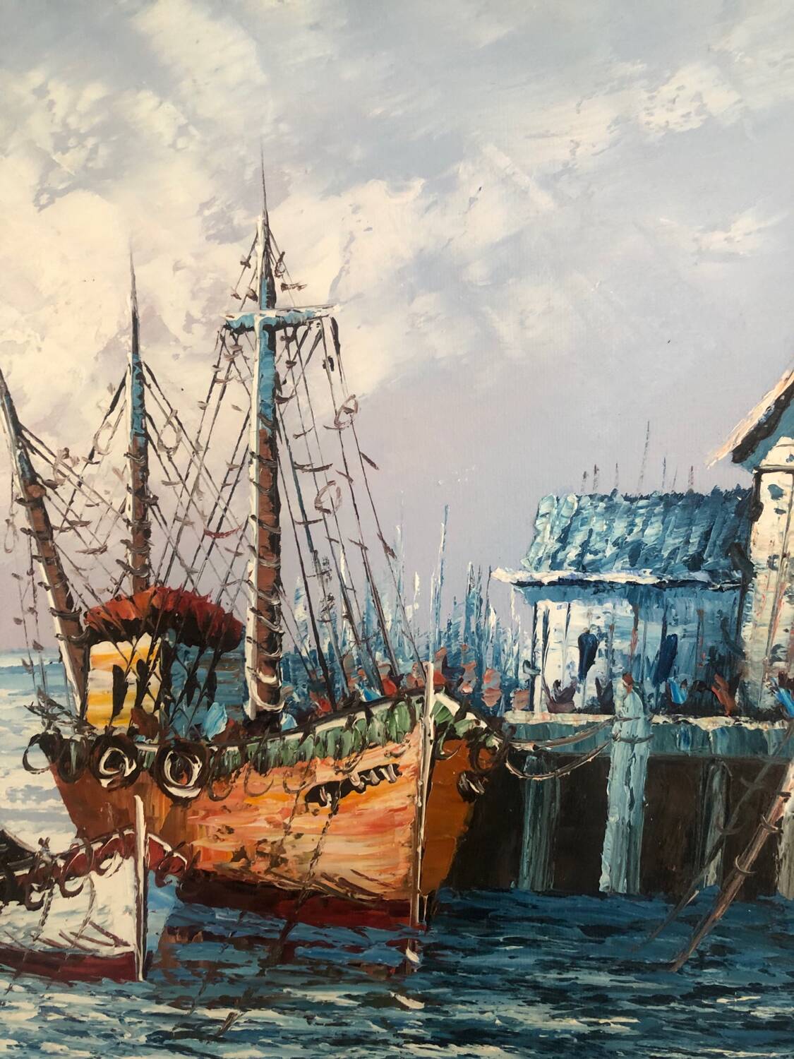 Oil painting on canvas Marine, Boat at the quay signed Florence