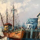 Tableau Huile sur toile Marine, Bâteau à quai signé Florence
