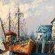 Oil painting on canvas Marine, Boat at the quay signed Florence