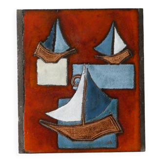 Signed enameled lava stone plaque, Marie-Alix Delaire