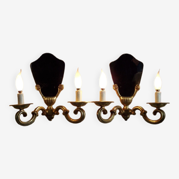 Art deco copper mirrored double wall lights with shades