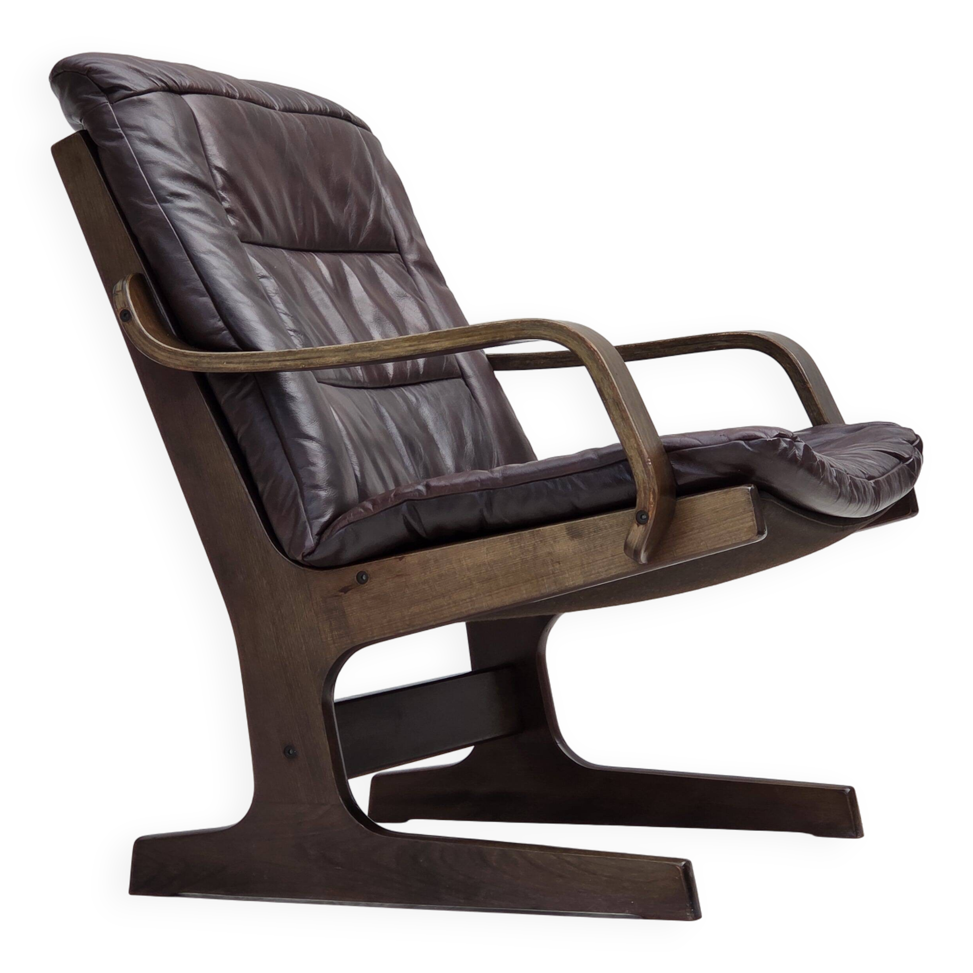Fauteuil scandinave en cuir marron, années 1970