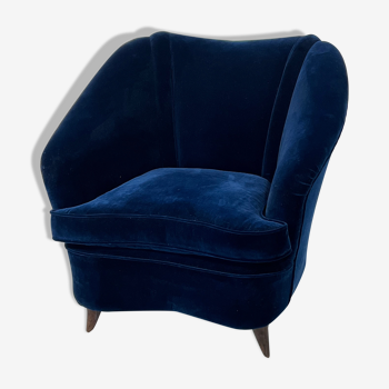 Fauteuil en velours bleu italien du milieu du siècle par Gio Ponti