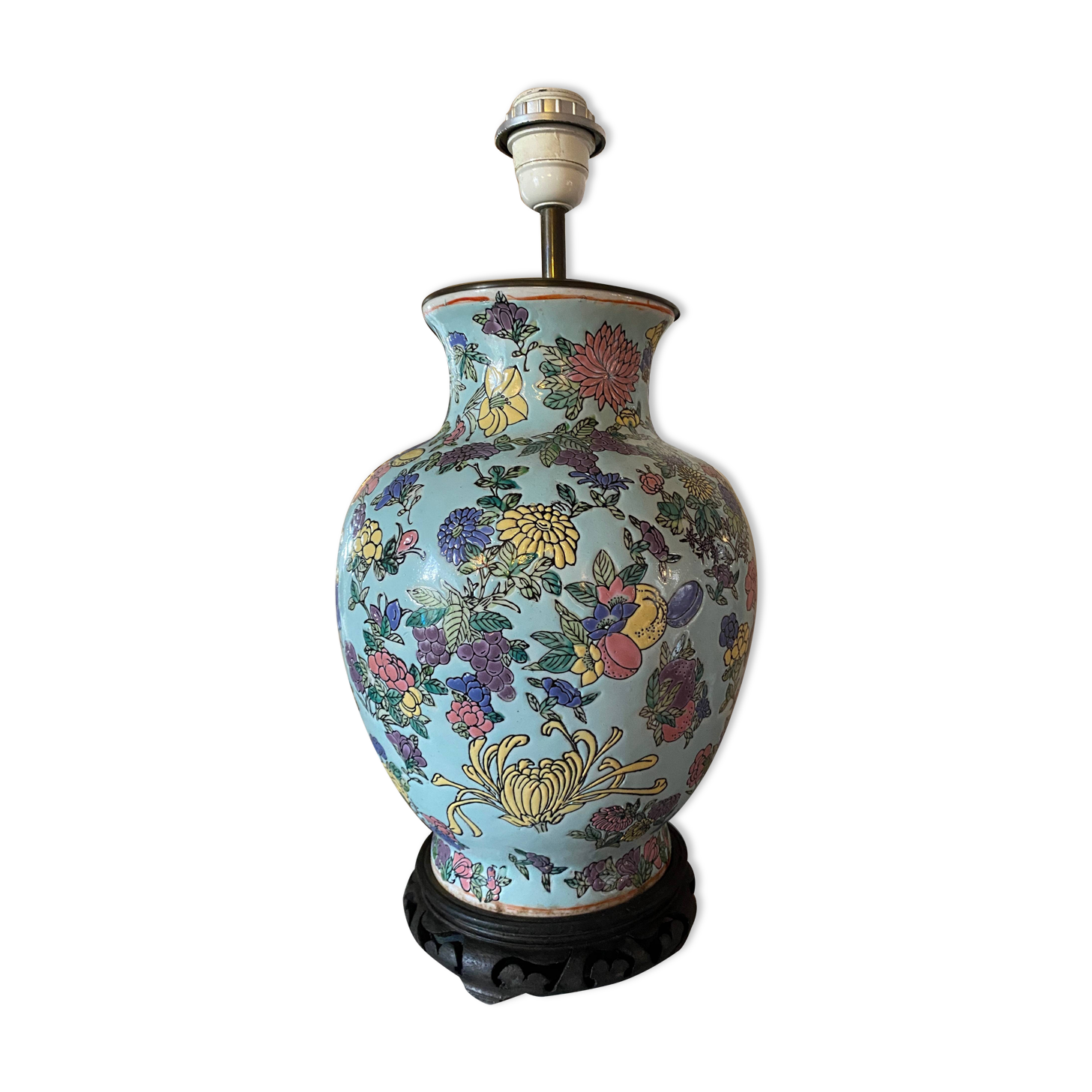 Large foot of enamel earthenware lamp with floral motifs (XX°)