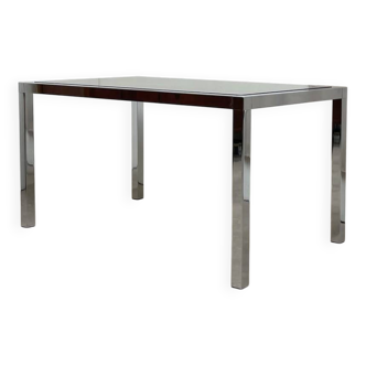 Italian dining table in chromed metal and smoked glass