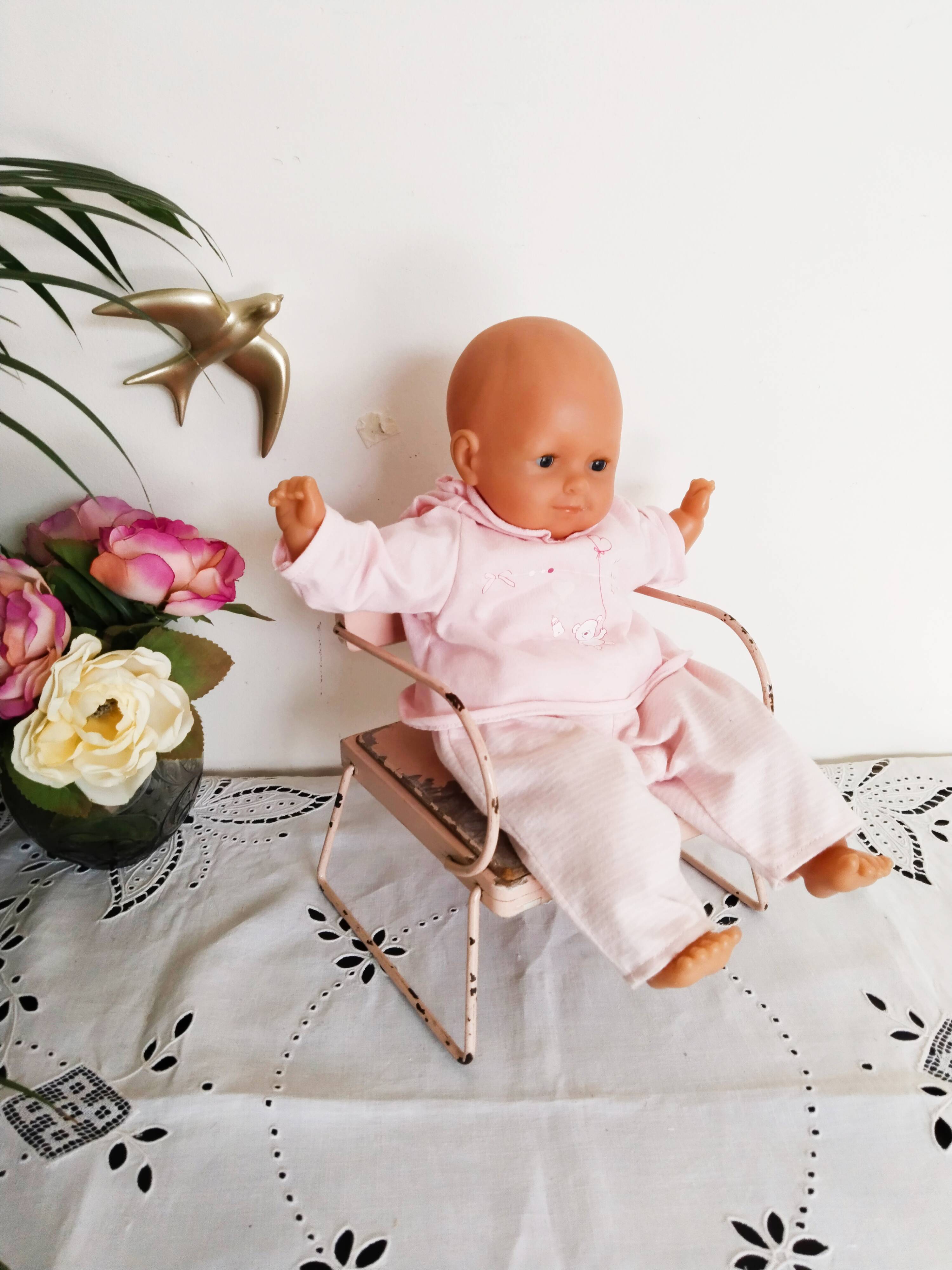 Vintage doll potty chair, wood and metal, pink, Bébéconfort