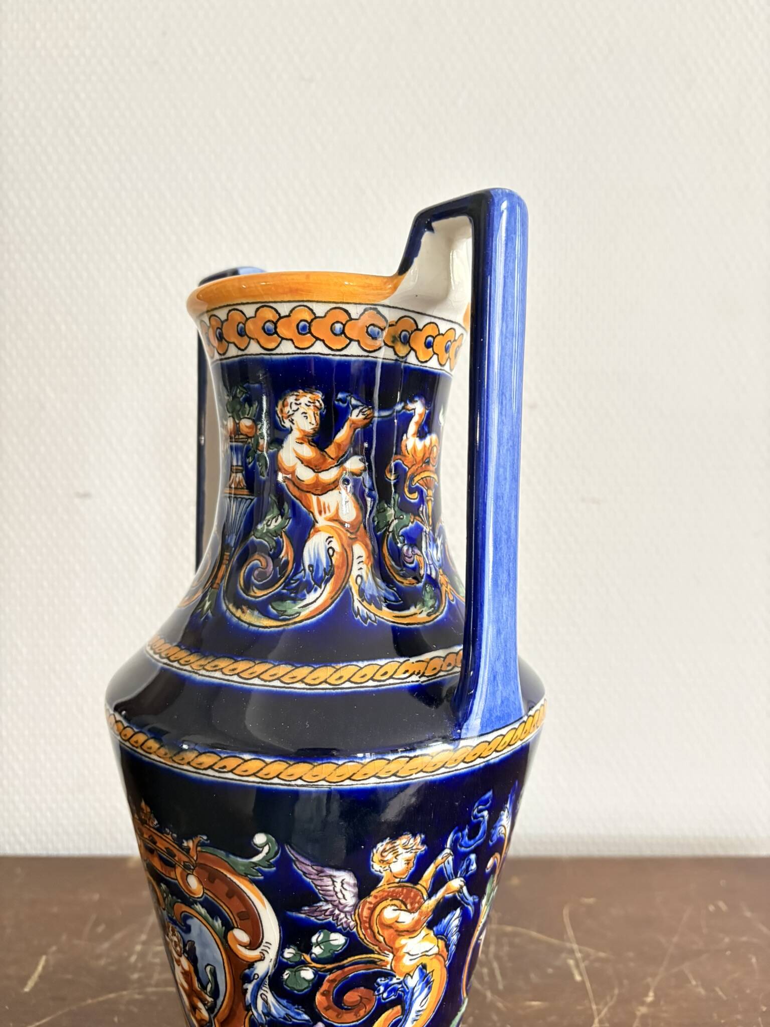 Ancient Double-Handled Vase Faience Gien Renaissance Model Italian Majolica