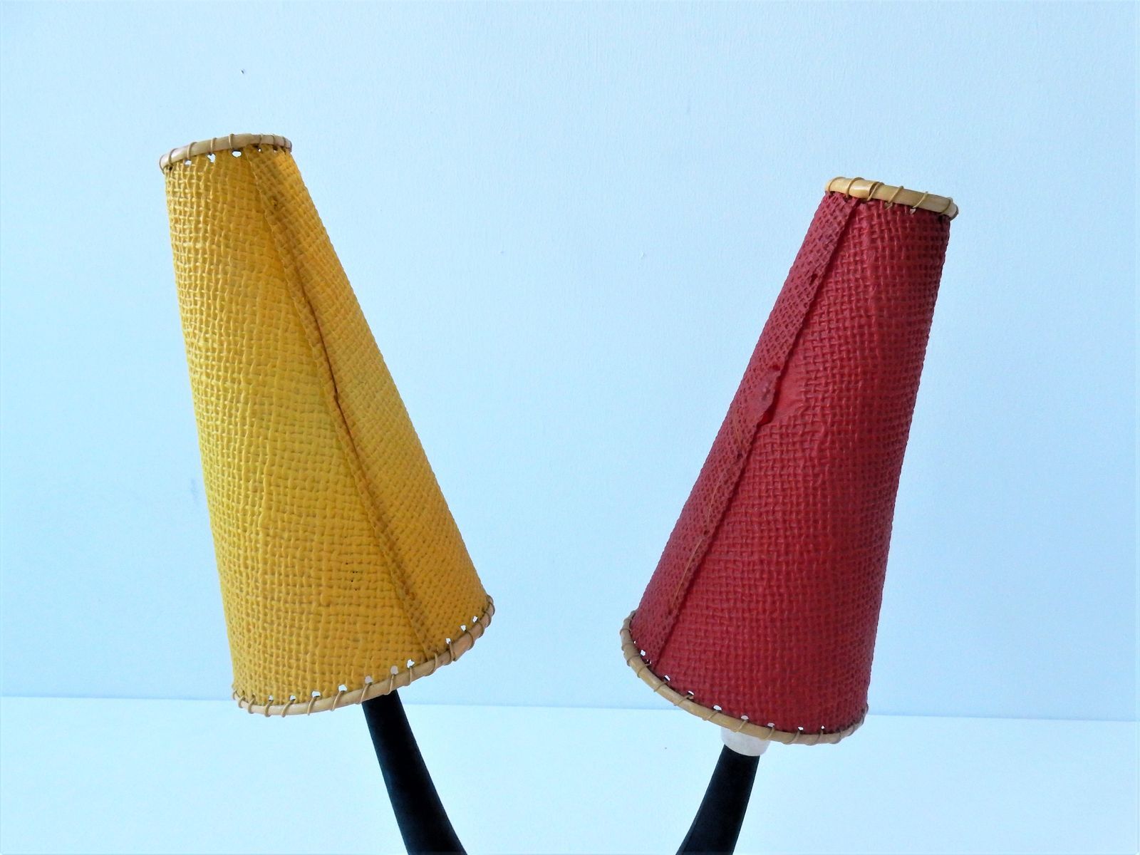 Vintage desk lamp with red and yellow 1950s lampshades