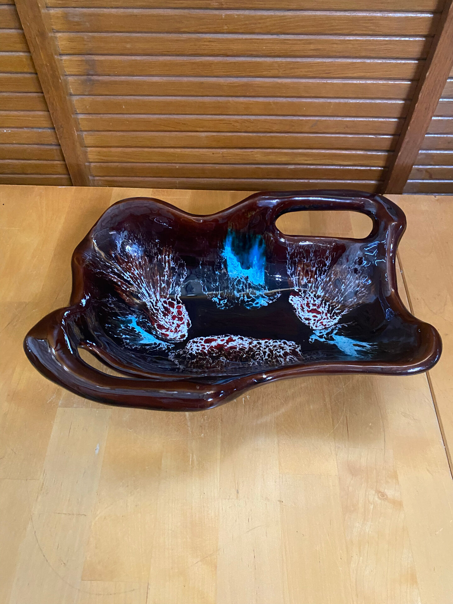 Coupe Centre De Table VALLAURIS Céramique Marron & Bleu Vintage #E172
