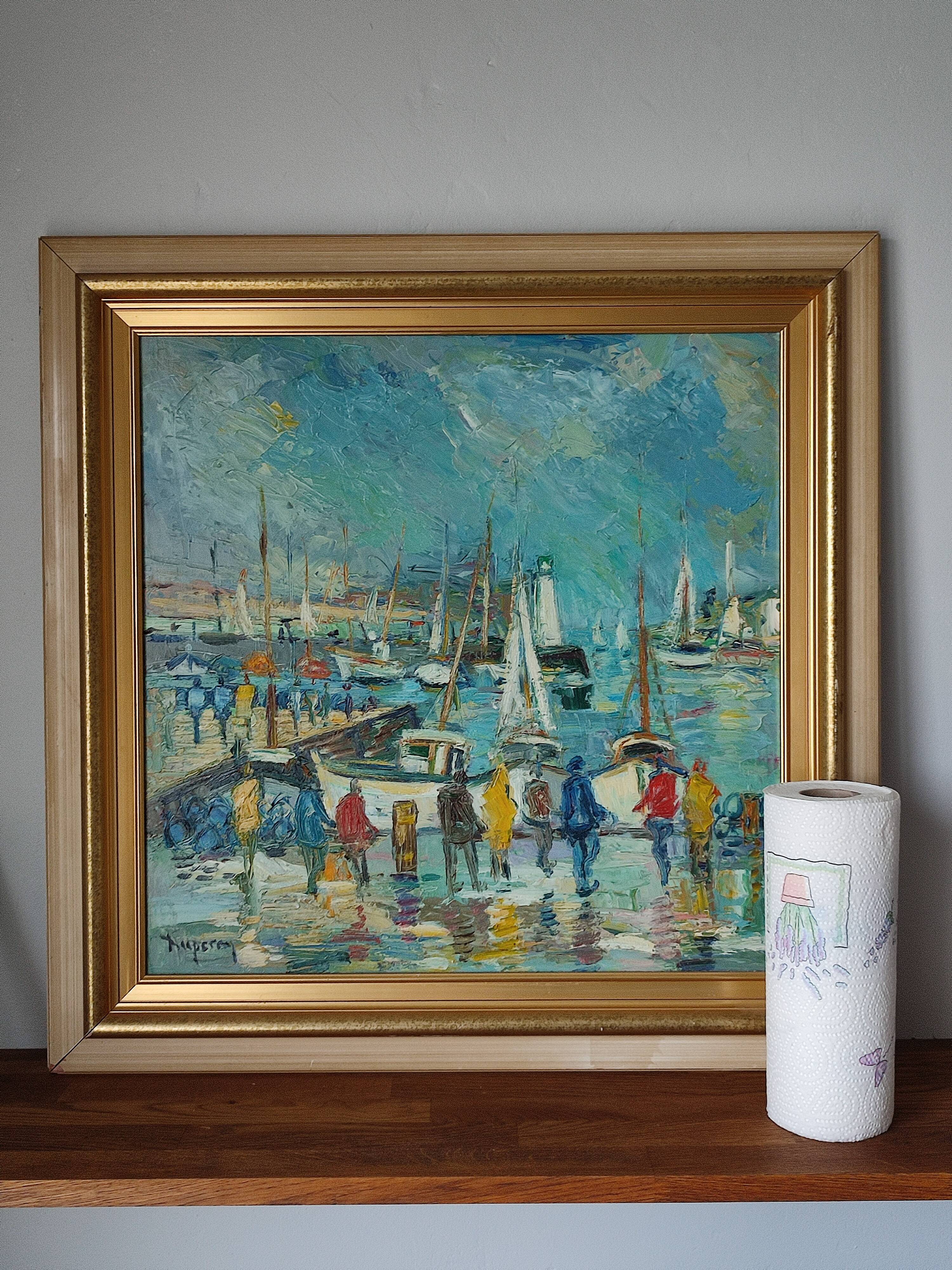 Oil painting on panel Alain Duperay port Breton, arrival of the fishermen