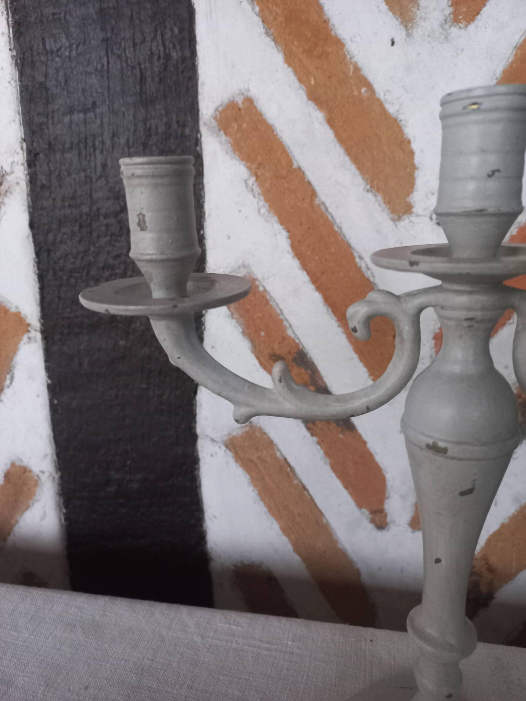 Taupe linen patinated candle holder