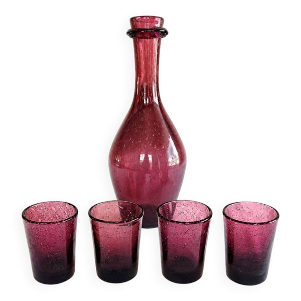 Service Verrerie de Biot, carafe et 4 verres en verre soufflé améthyste