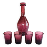 Service Verrerie de Biot, carafe et 4 verres en verre soufflé améthyste