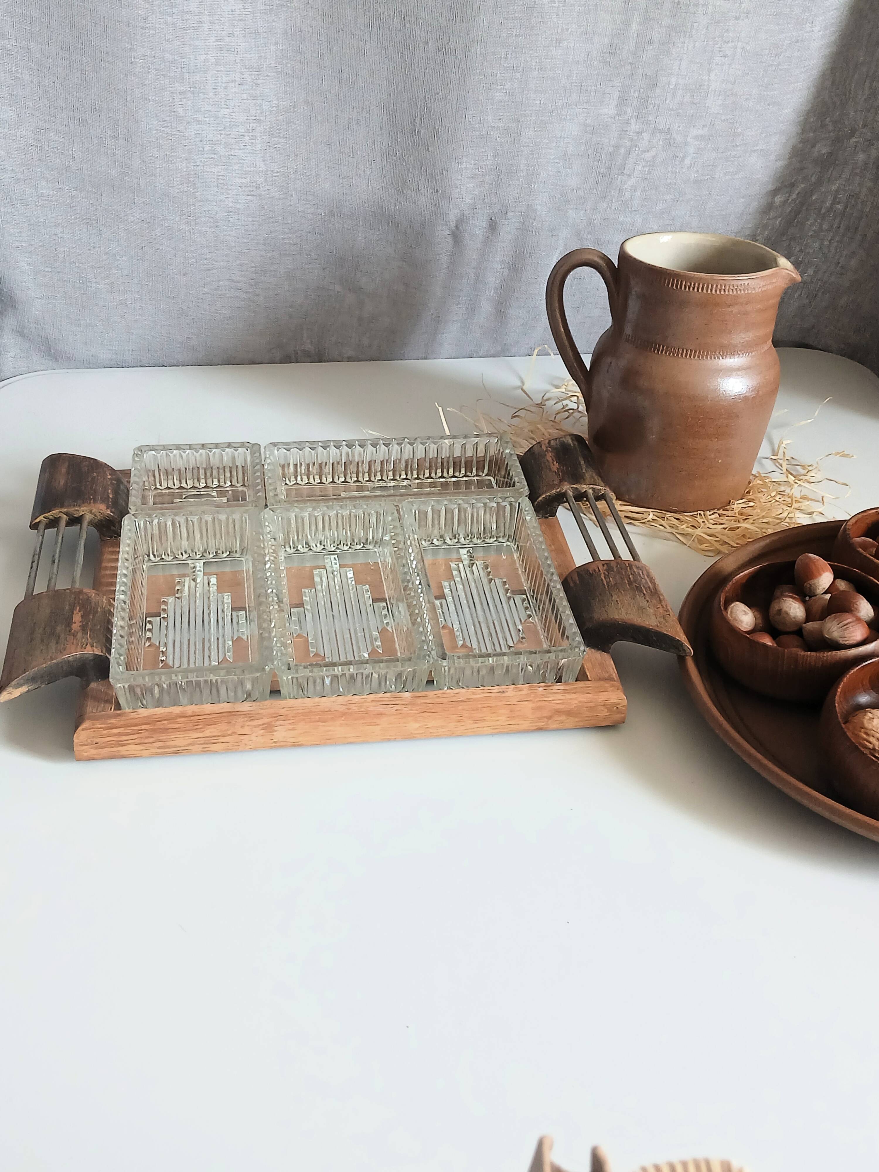 Plateau de service apéritif compartimenté en bois et verre vintage art déco