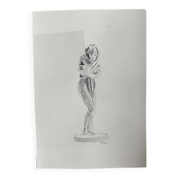 Tableau signé aquarelle monochrome sépia étude statue « la Frileuse de Houdon »