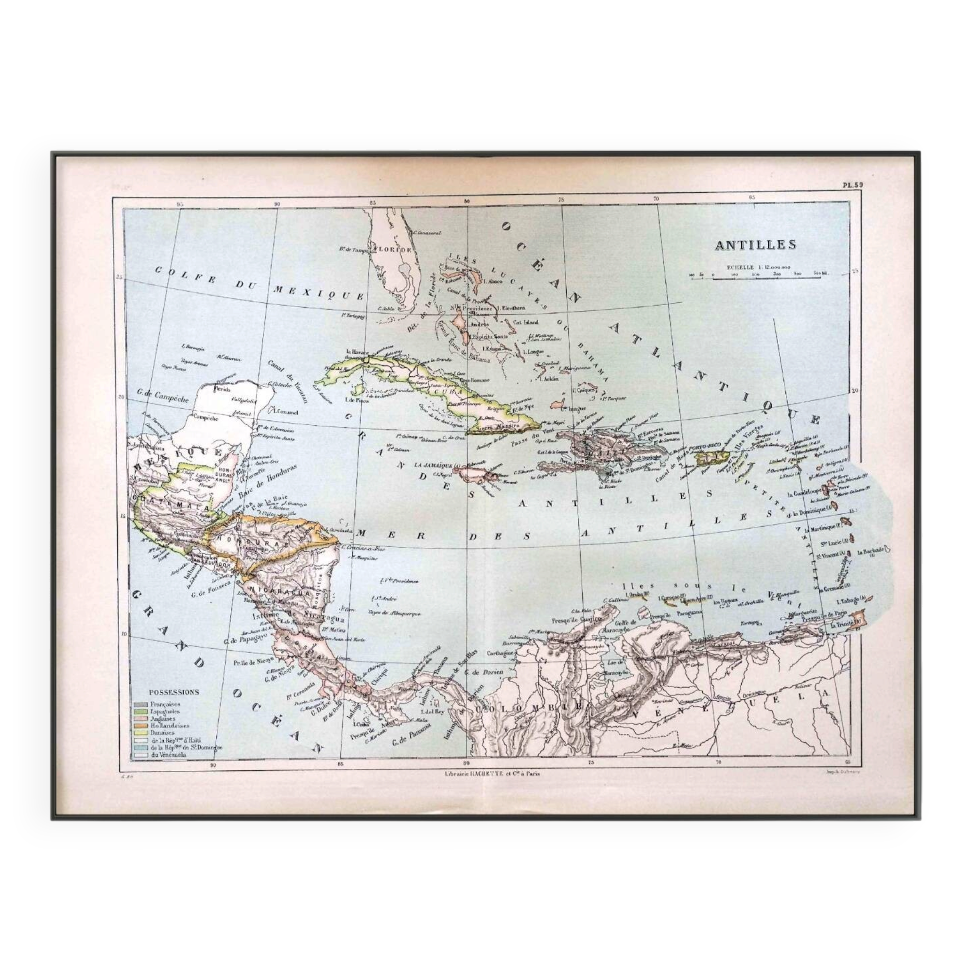 The Antilles, old map 1887 – Vintage geographical map.
