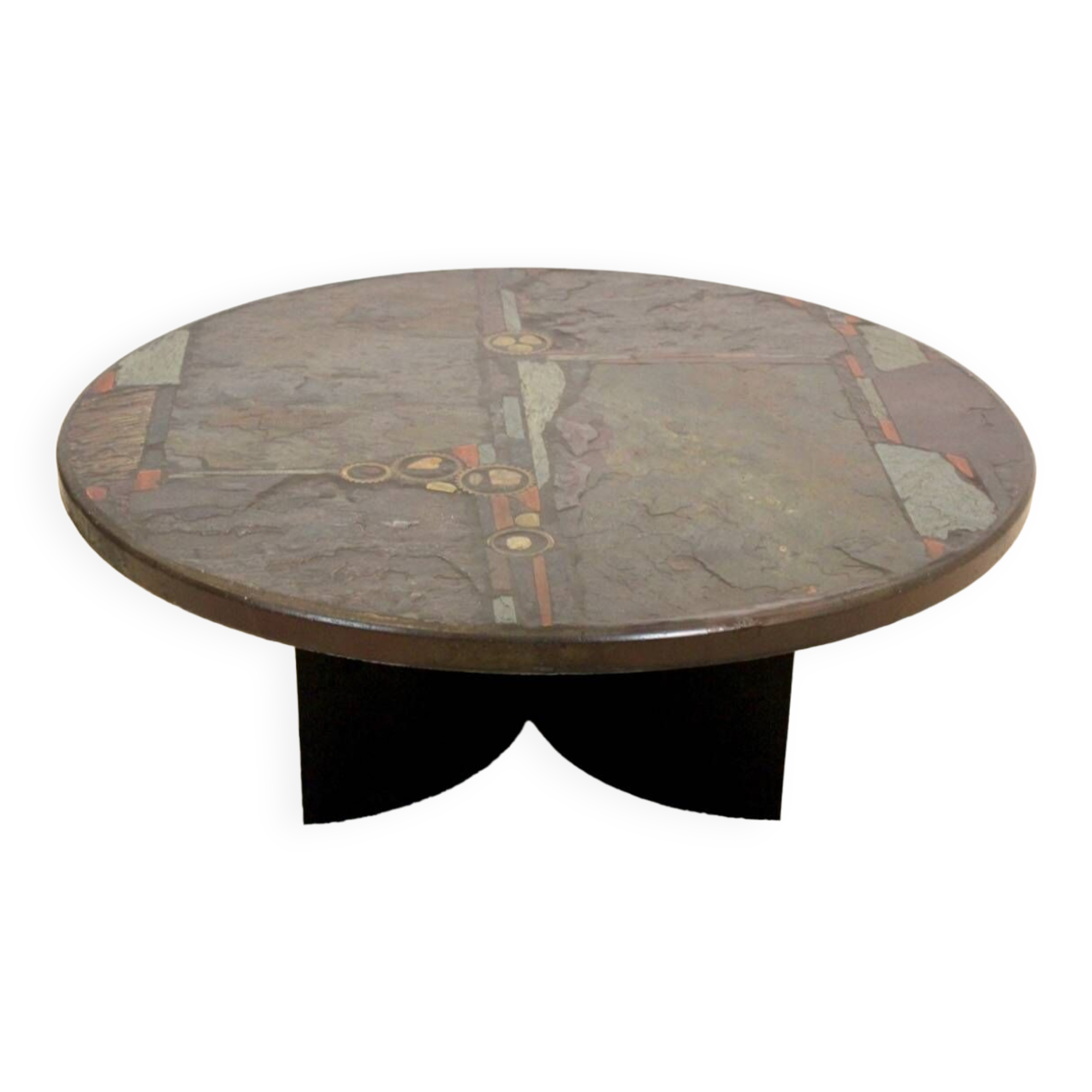Brutalist Paul Kingma One-Off Slate, Ceramic and Brass Artwork Coffee Table, Signed