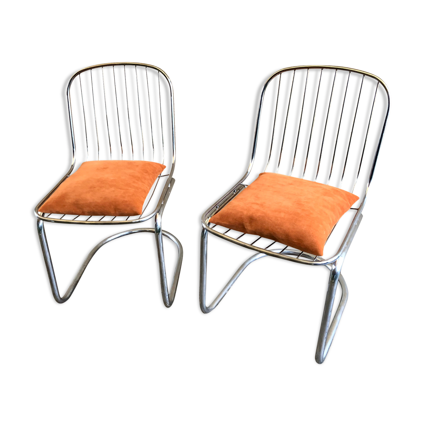 Pair of Cantilever chair design Gastone Rinaldi vintage 70 chrome steel wires