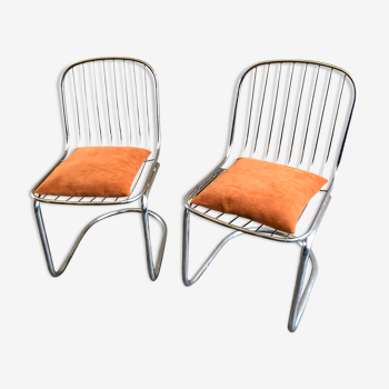Pair of Cantilever chair design Gastone Rinaldi vintage 70 chrome steel wires