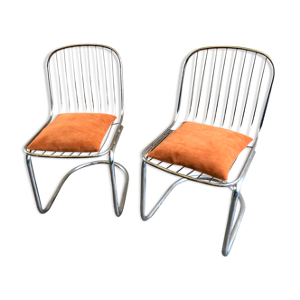 Pair of Cantilever chair design Gastone Rinaldi vintage 70 chrome steel wires