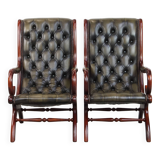 Set of 2 Green Cowhide Leather English Chesterfield Armchairs
