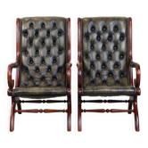Set of 2 Green Cowhide Leather English Chesterfield Armchairs