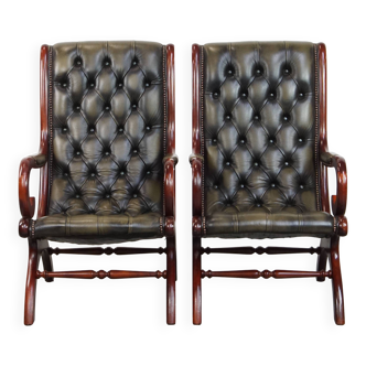 Set of 2 Green Cowhide Leather English Chesterfield Armchairs