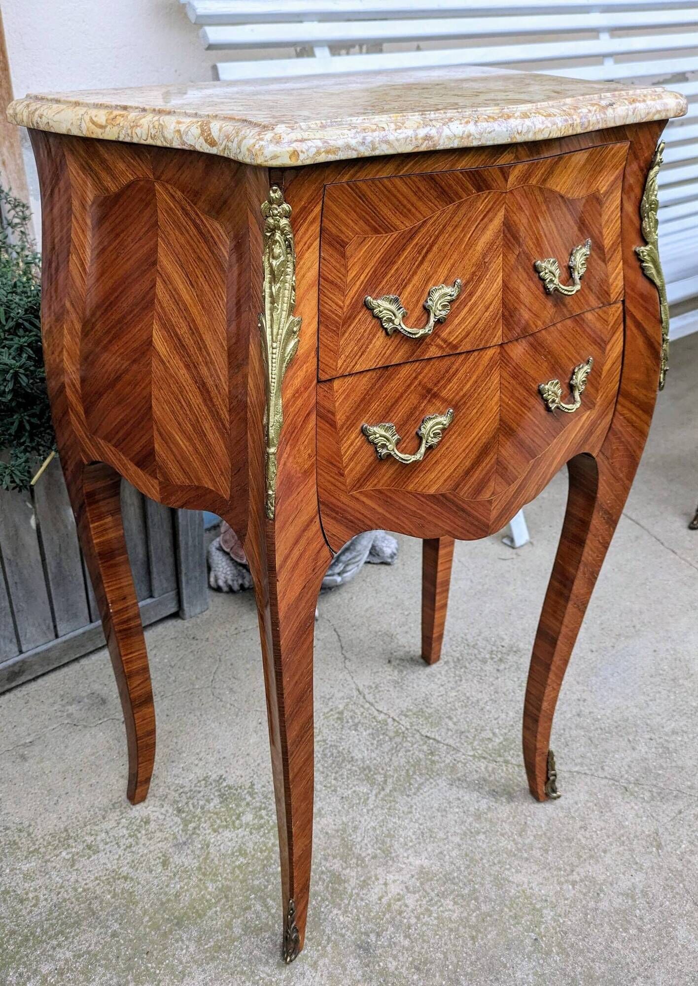 Curved chest of drawers with 2 drawers in rosewood, marble and bronze marquetry, Louis XV style