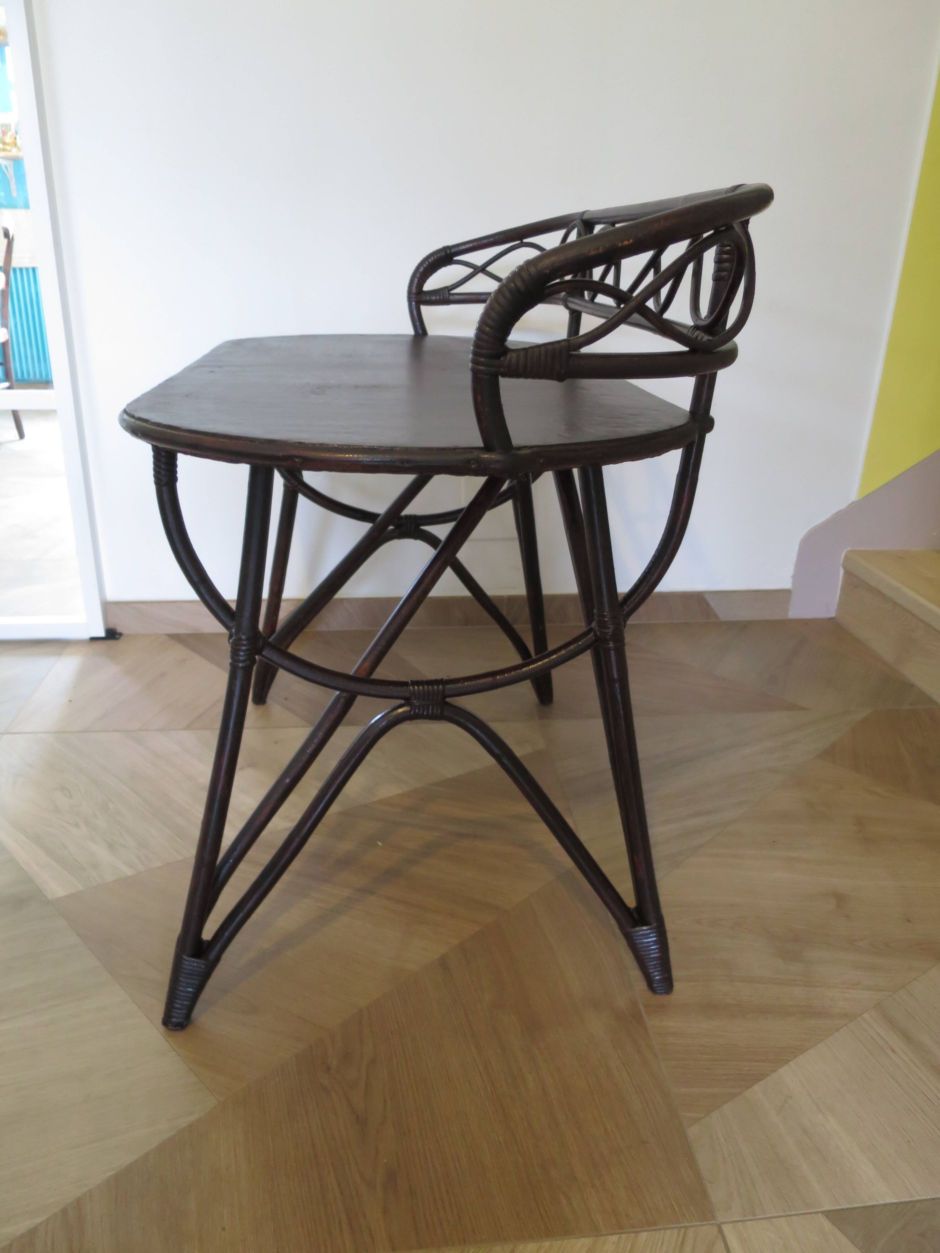 Vintage children's desk console bamboo rattan curved wood Thonet style 80s dark mahogany