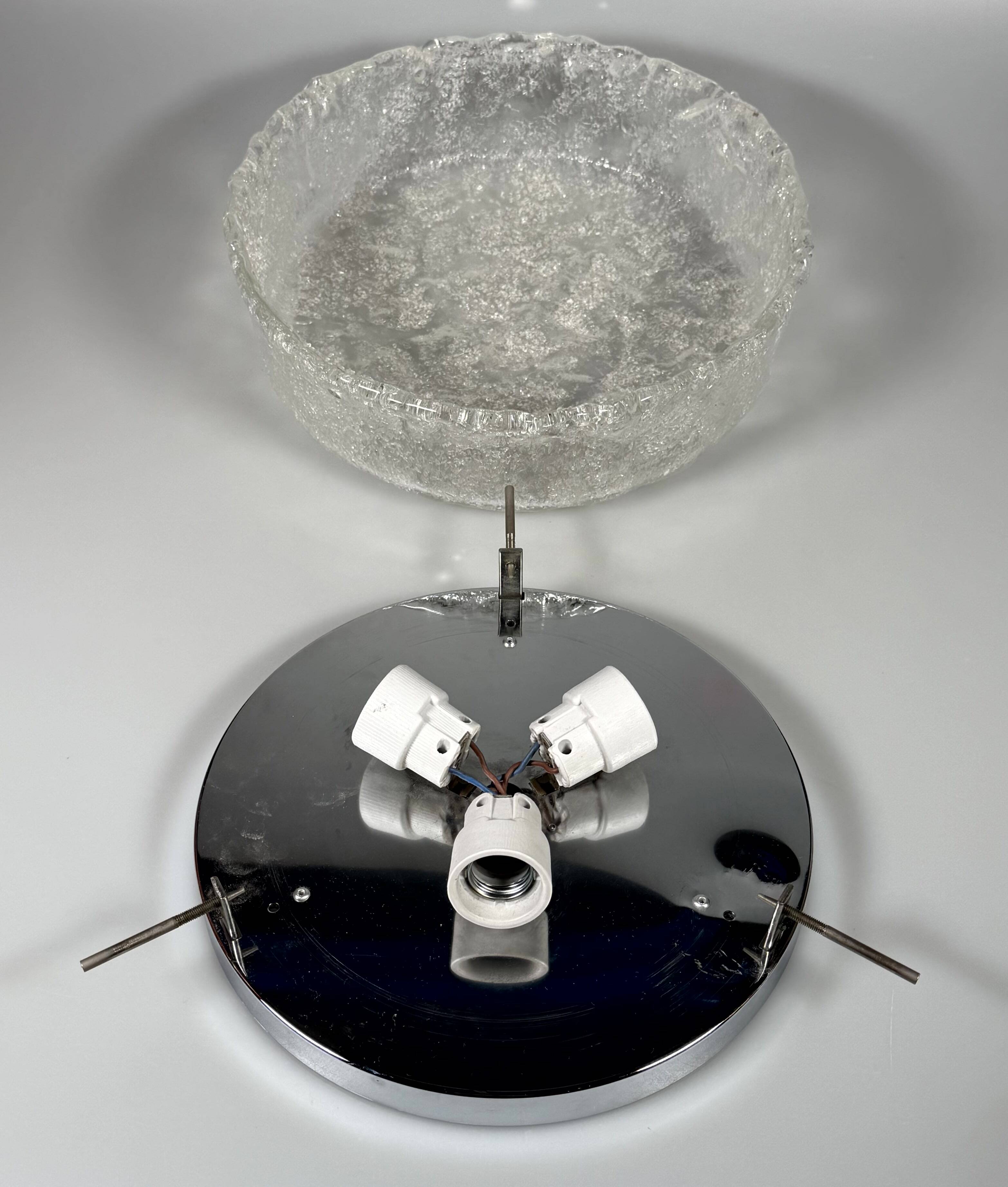 1960s 1970s Ceiling Light Flush Mount Ice Glass from Hillebrand Germany